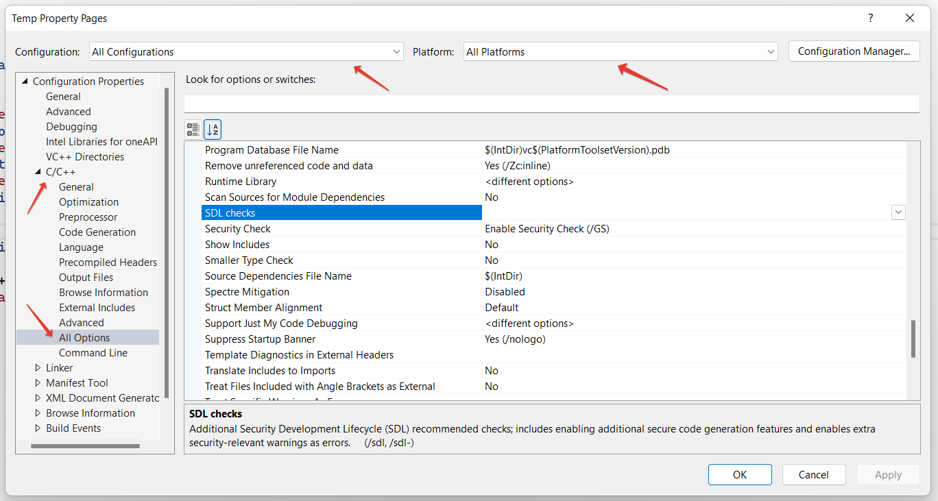 Visual Studio SDL check disable 2