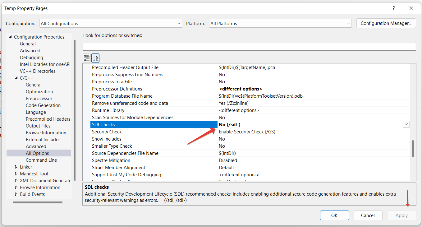 Visual Studio SDL check disable 3
