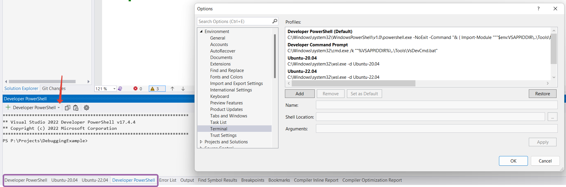 Opening terminal in Visual Studio alt. way
